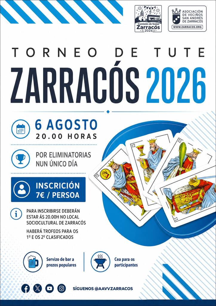 O Torneo de Tute Zarracós 2026 reunirá aos afeccionados ás cartas o vindeiro 6 de agosto